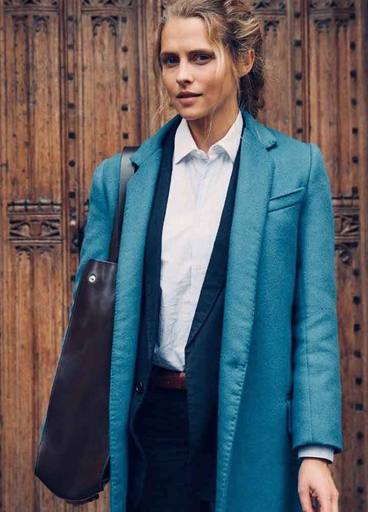A DISCOVERY OF WITCHES (DIANA BISHOP) TERESA PALMER BLUE WOOL COAT